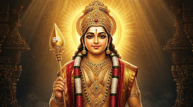 A divine depiction of Lord Murugan, the Hindu god of war, holding his vel weapon amidst a temple setting with ornate pillars and divine light