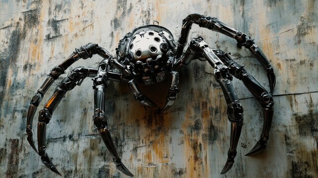 A metallic spider sculpture, mounted on a weathered, textured wall