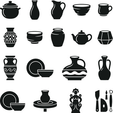 Pottery craft collection featuring various ceramic vessels vases bowls plates teapots cups and sculpting tools isolated as black silhouettes on transparent background.