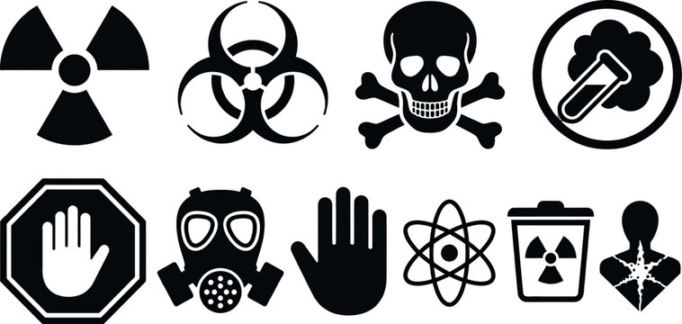 Hazard warning icons, toxic chemical symbols, 10 black safety vector signs isolated on Transparent Background