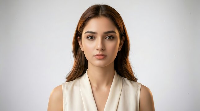 Young woman in white sleeveless top looking forward