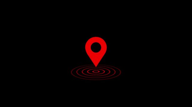 Digital red GPS location pin with radio waves on black background.Destination place tracker icon, Appearing pointer for a map looped animation.