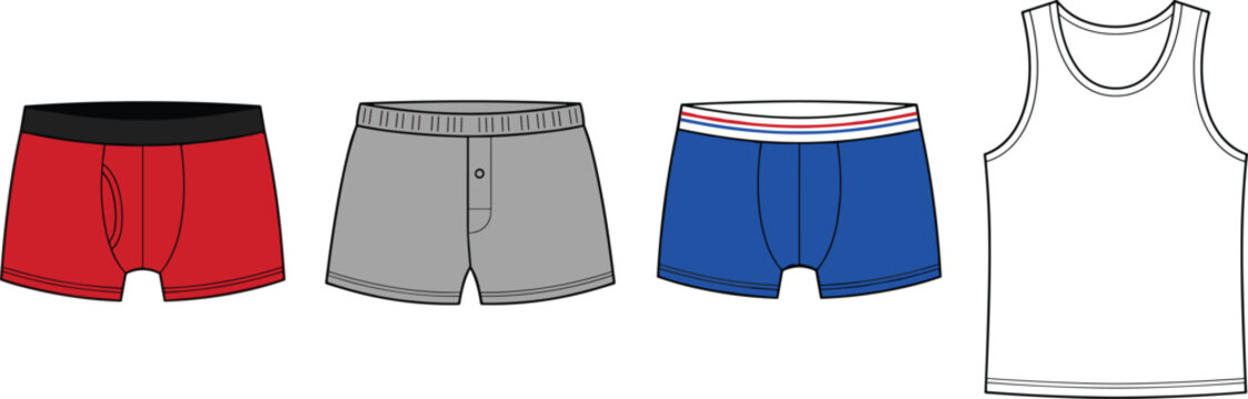 Mens Underwear and Sleepwear Clothing Vector Set with Boxer Briefs Shorts and White Tank Top Mockup Designs
