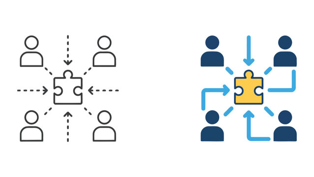 Four people connecting to central puzzle piece icon as metaphor for collaborative problem solving and team synergy in professional business environment vector graphic design