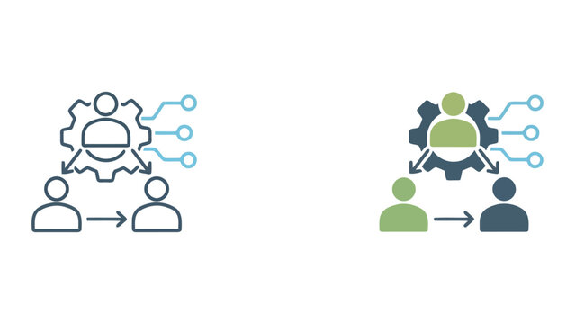 Professional business team members connected to central gear and digital network nodes representing collaborative project management and technical workflow integration vector graphic