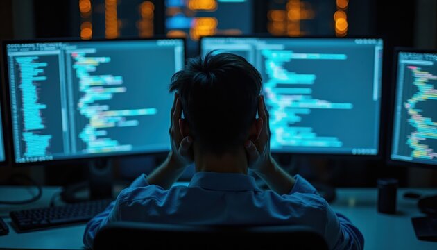 Man sits in dark room with head in hands. Computer screens show lines of code. Person looks stressed at glowing monitors. Late night work session.