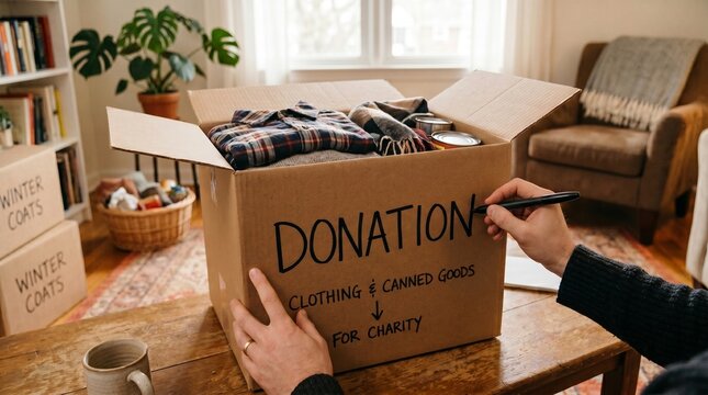 Person labeling donation box with clothes and canned goods indoors  