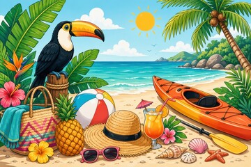 Obraz premium Tropical summer scene featuring toucan palm fronds beach ball sun hat kayak pineapple and shells.