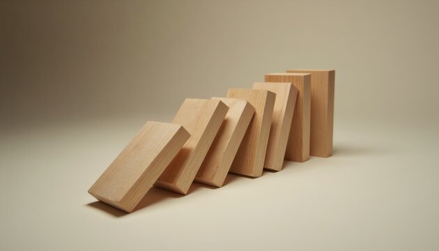 Wooden blocks arranged in a falling line. Concept of risk and crisis, cascading failure, or environmental collapse prevention. Shows unstable system needing intervention.
