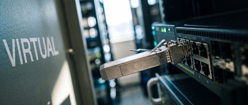 Network switch transceiver module connected in data center server rack for virtualization technology, high-speed internet hardware infrastructure, cloud computing, ethernet connections. Close up view.