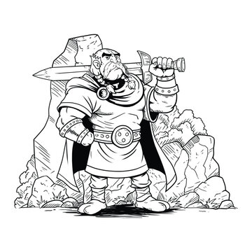 Black and white line art illustration of Tyr, Norse god of war and justice, standing among rocks and carrying a large sword. 2d illustration