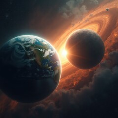 Fototapeta premium Earth and moon align near bright sun. Planets orbit in cosmic nebula with starry background. Space exploration and universe concepts. Other celestial bodies visible.