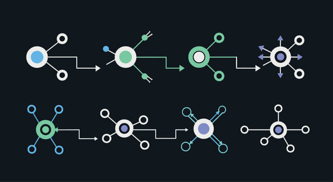 Abstract technology data routing and api network connection icons set for software integration architecture dark mode vector
