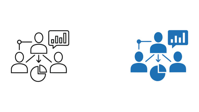 Business project management and team collaboration icon set featuring bar chart reporting and group communication flow for strategic corporate planning in linear and solid styles