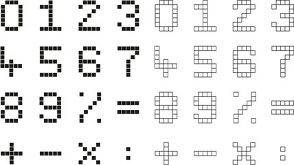 Pixel art numbers and symbols in black and white © Clario Stock