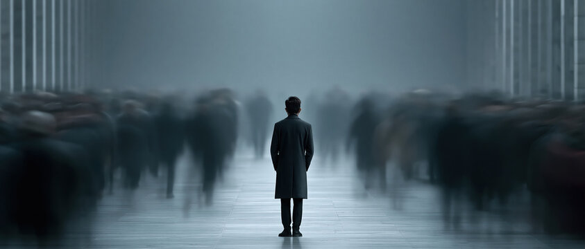 One composed individual stands motionless as blurred crowds surge past in a foggy city corridor. Powerful visual metaphor for leadership, solitude, burnout, mental clarity, or standing.
