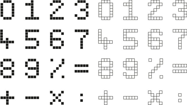 Pixel art numbers and symbols in black and white