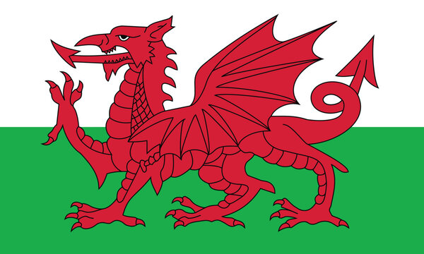 The flag of wales featuring a red dragon passant on a bicolor green and white background