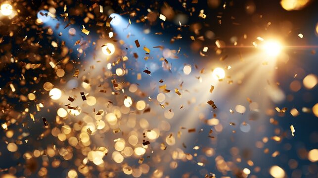 Golden confetti floating through stage lights creating a festive atmosphere with sparkling bokeh background details