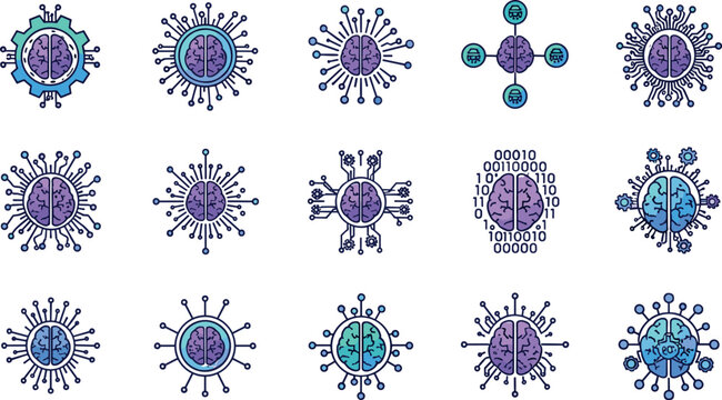 Artificial intelligence and machine learning cyber digital brain line icons set for tech website software application interface vector