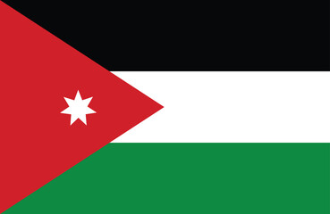 The flag of jordan with a red triangle and white star on a black white and green background © Clarios Stock