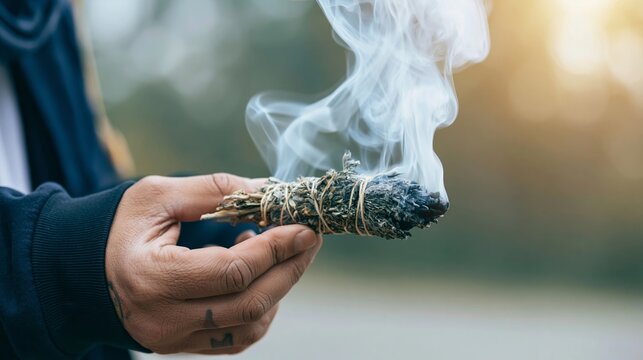 Hand holding smoking sage bundle, wisps of white smoke rising during spiritual cleansing ritual, blurred background