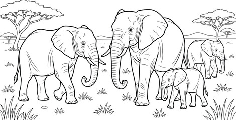 Black and white line art illustration of an African elephant family in savanna landscape for coloring book page © MdJahid