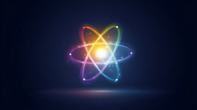Glowing atom model with colorful orbiting electrons on dark background. Digital science visualization of atomic structure and nuclear energy concept. Research in quantum physics study.