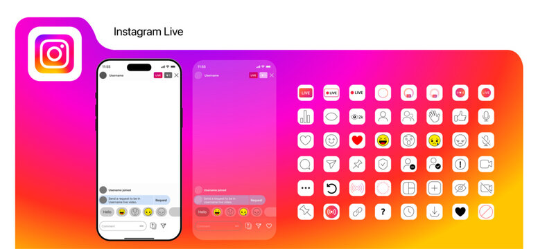 Template live streaming on iphone screen. Instagram streaming interface. iphone screen social media live video. Realistic vector illustration