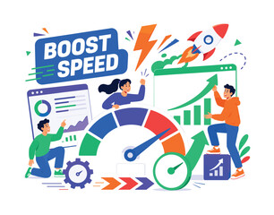 Naklejka premium Performance Speed Boost Modern performance banner featuring 3 expressive stylized human characters interacting with an oversized speed gauge and giant improvement chart, power bolt, boost rocket,