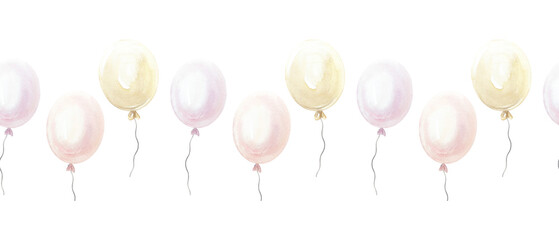 Pastel balloons seamless border. Hand drawn watercolor illustration, isolated. Festival design for birthday decorations, party and baby shower banners, invitations and greeting cards © Farida