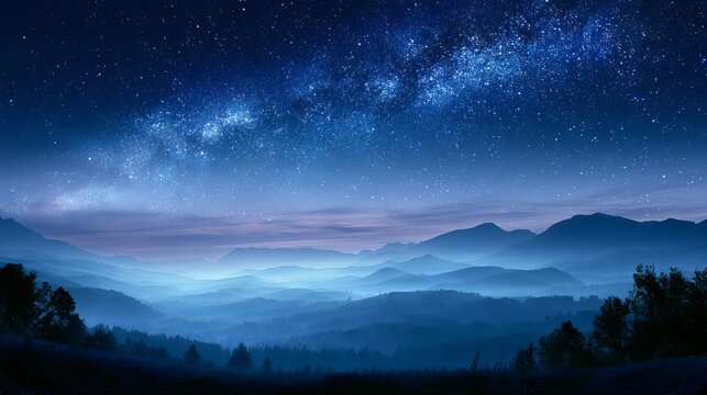 A serene mountain landscape under a starry night sky with a breathtaking view of the Milky Way
