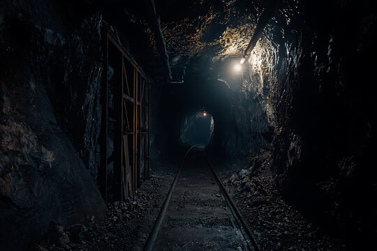 Dark and Mysterious Abandoned Mine Shaft with Old Railway Tracks Leading Toward a Single Light Source.