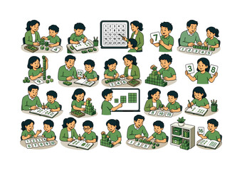 Fototapeta premium Square Number Learning collection of digital illustrations NOT icons NOT symbols, 12?20 character-driven small scenes of teachers arranging number blocks, students counting squares, holding cards,