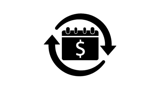 Minimal black silhouette icon, simple flat vector, bold black shape, no, no shading recurring payment icon, subscription billing symbol, financial calendar on a, flat icon style