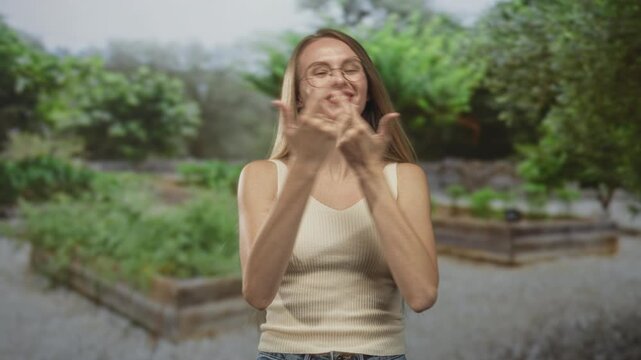 Woman wearing glasses making rock horns with hands and sticking tongue out in forest; playful youthful defiance.