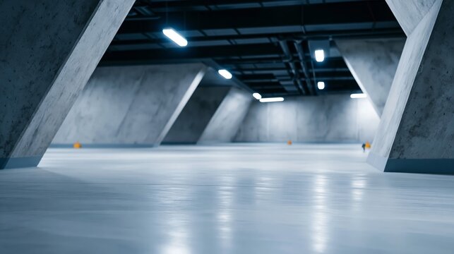 Modern concrete parking structure interior, angular architectural forms, empty underground space with cool overhead lighting