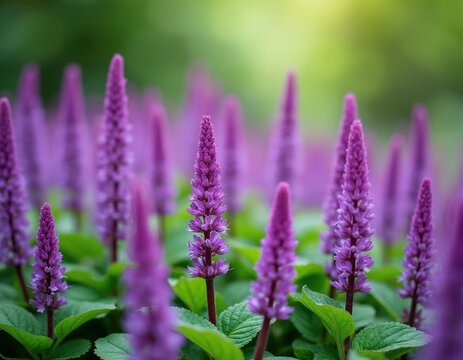 Many purple bugleweed flowers bloom densely in green garden. Tiny petals form tall spires in nature. Plant attracts pollinators with vibrant color. Fresh green leaves grow below.