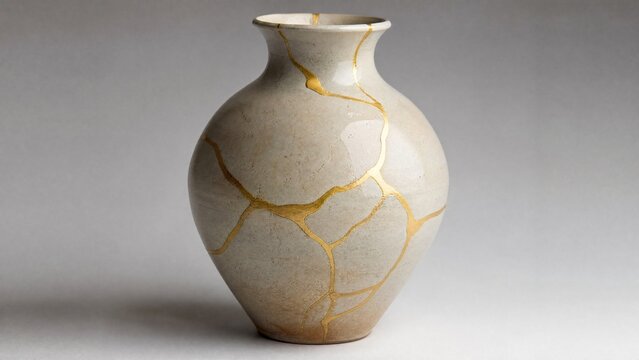 Shattered ceramic vase repaired with golden lacquer, kintsugi art on simple background.