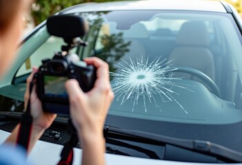 Naklejka premium Individual capturing photo of cracked windshield with camera, visible damage radiating from impact point, parked car interior and greenery in the background