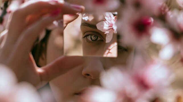 Person holding a petite square mirror reflecting an eye, framed by delicate pink blossoms, evoking a dreamy reflection theme