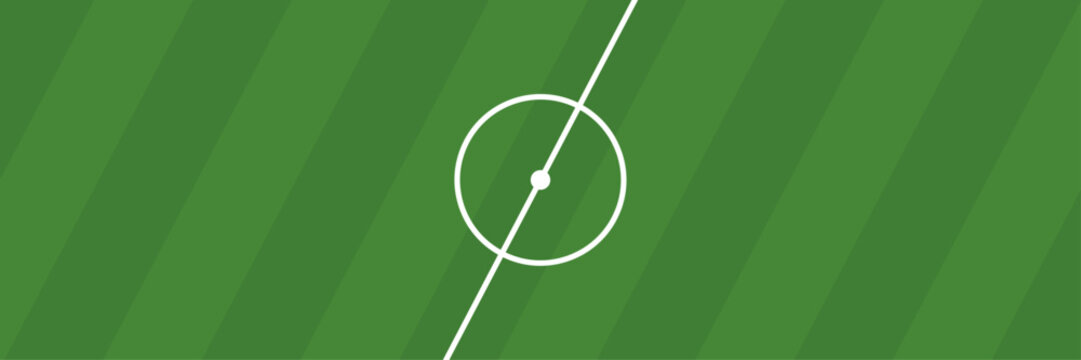 Football Pitch or Soccer Field Background. Football Field Wallpaper with Striped Grass Pattern, Soccer Pitch Centre Circle Markings and Copy Space for Soccer Web Banner.