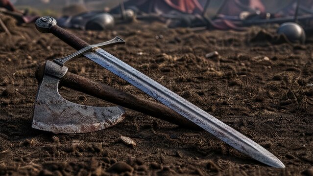 speciation. Medieval sword and axe crossed on a ground, dirt and minimal debris, dramatic side lighting. event programs, museum guides, designed for cultural heritage projects and event programs.
