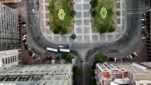 Aerial top down view of Salvo Palace and Plaza Independencia, Montevideo, Uruguay