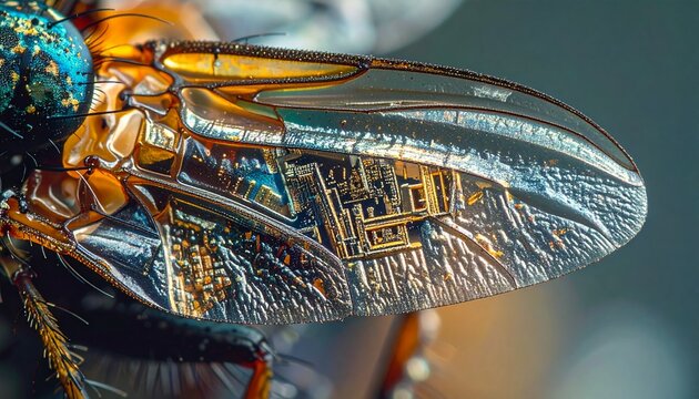 Close-up of a Fly Wing with Intricate Circuit Board Pattern.