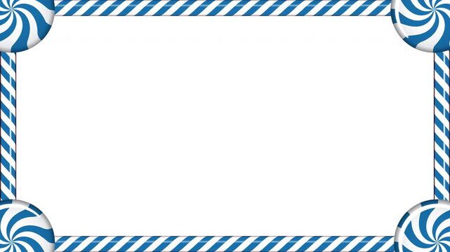 Rectangle candy cane frame animation with blue and white striped lollipop pattern. Perfect for holiday decoration. Winter holidays theme. 4K animation
