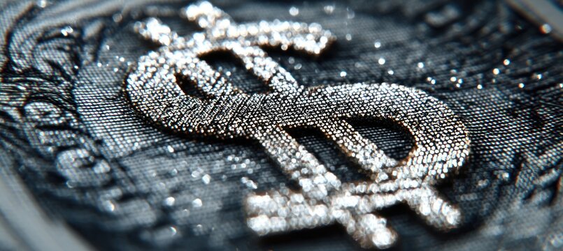 Shimmering diamond-encrusted dollar sign symbol on a black textured background representing wealth, luxury, and success in a detailed macro shot.