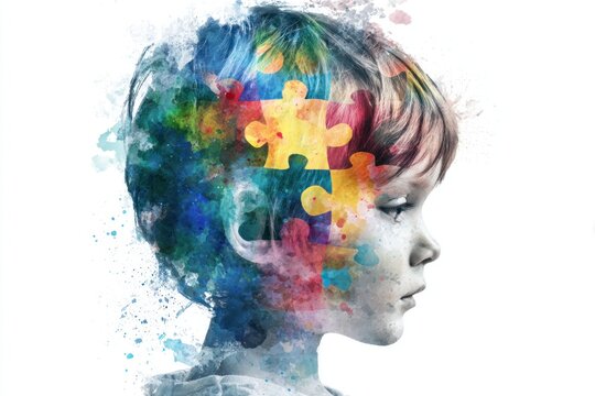 A profile of a Caucasian young boy with fair skin merges with colorful puzzle pieces and watercolor splashes. This represents autism awareness.