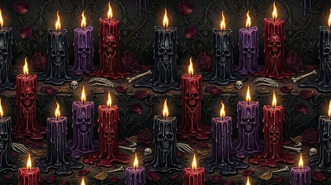 Spooky dark witchcraft scene with melting red and purple skull candles and skeleton bones
