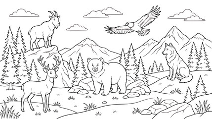Obraz premium Wild animals coloring page vector, mountain landscape with bear, deer, wolf and eagle, forest wilderness outline illustration for kids activity book